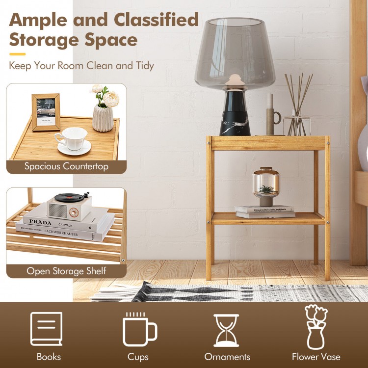Bamboo nightstand set featuring two tiers, spacious countertop, and open storage shelf for versatile room use.