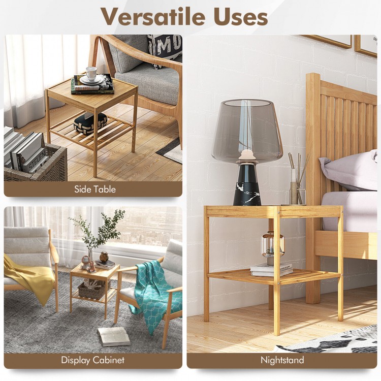 Bamboo nightstand set featuring two tiers, waterproof surface, and ample storage for versatile use in any room.