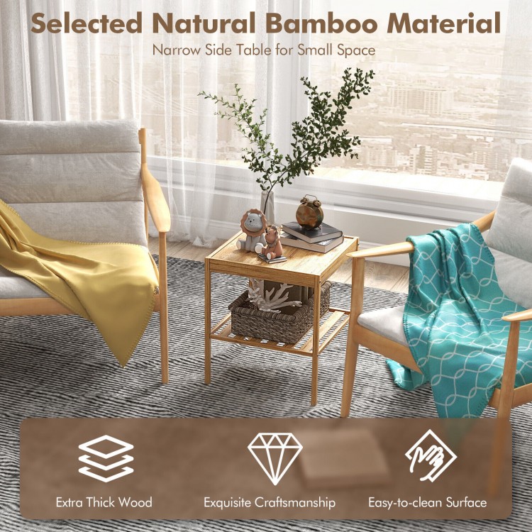 Natural bamboo side table set with two tiers, compact design for small spaces, easy-to-clean surface, and elegant.