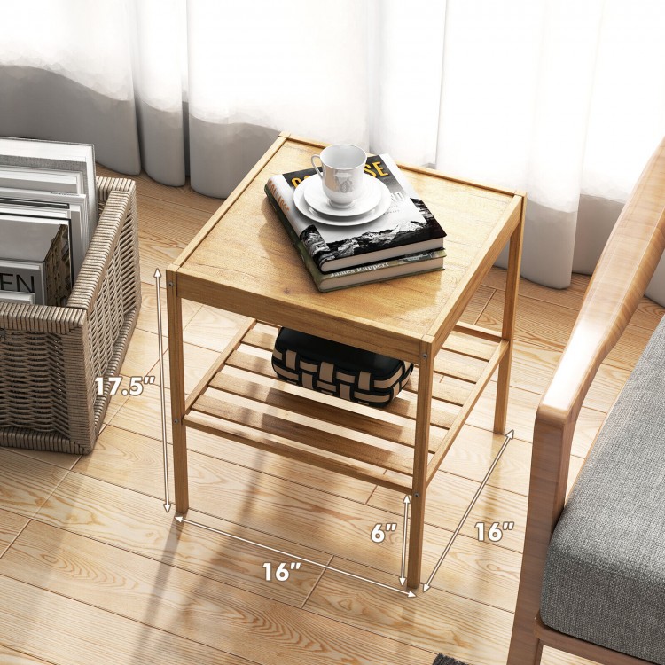 Bamboo nightstand with open shelves, waterproof surface, and compact design for living room or bedroom use.