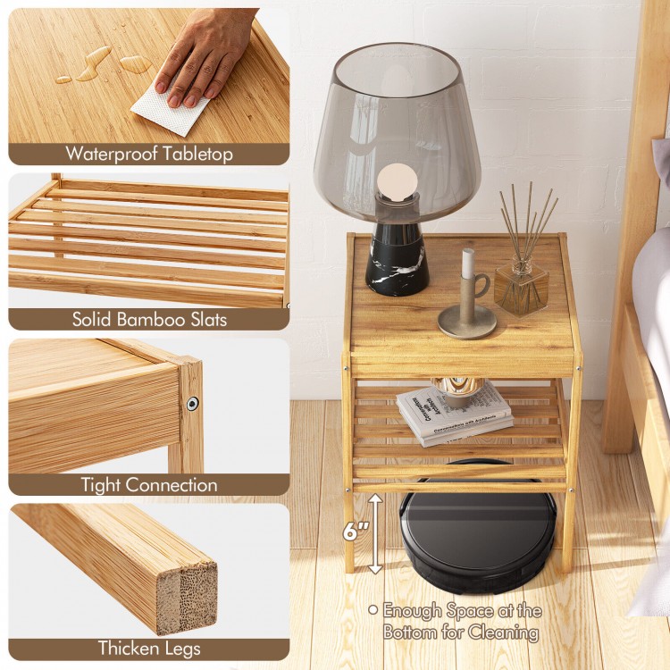 Bamboo nightstand with waterproof tabletop, two tiers, and ample storage space for living room or bedroom use.