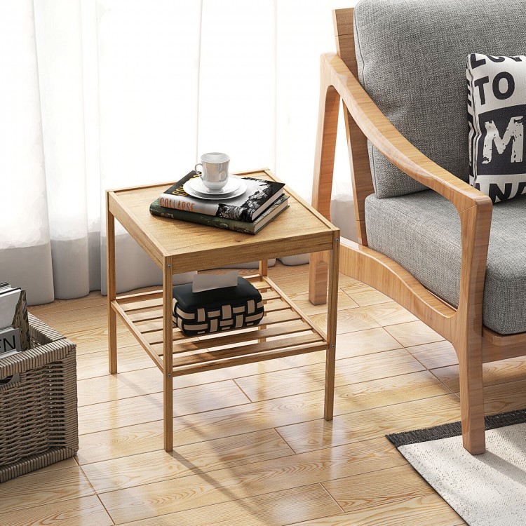Bamboo nightstand set featuring a compact design, natural finish, and open shelves for versatile storage in any room.
