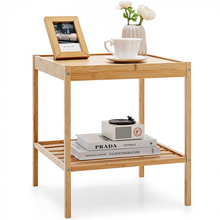 Bamboo nightstand with two tiers, featuring a waterproof surface and ample storage for living room or bedroom use.