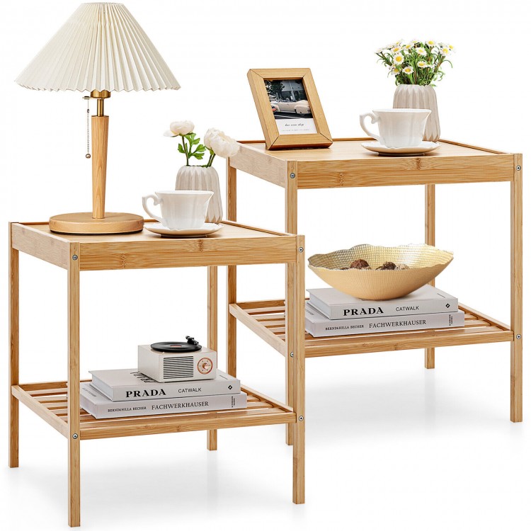 Bamboo nightstand set featuring two tiers, natural finish, ample storage, perfect for bedroom or living room use.