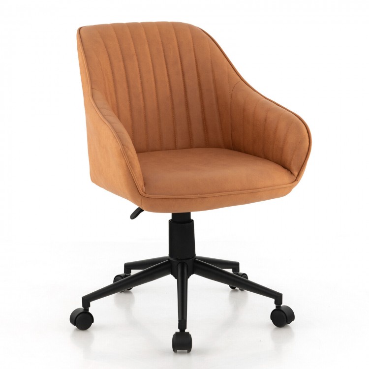 Brown modern home office chair with curved backrest, ergonomic armrests, and adjustable height for versatile use.