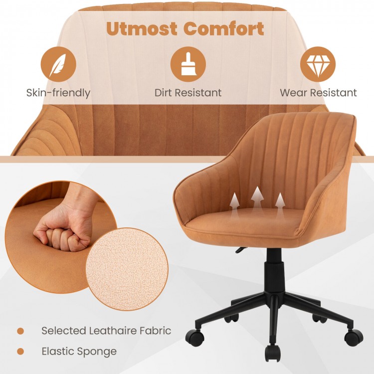 Brown modern home office chair with curved backrest, ergonomic armrests, and PU leather upholstery for comfort and.