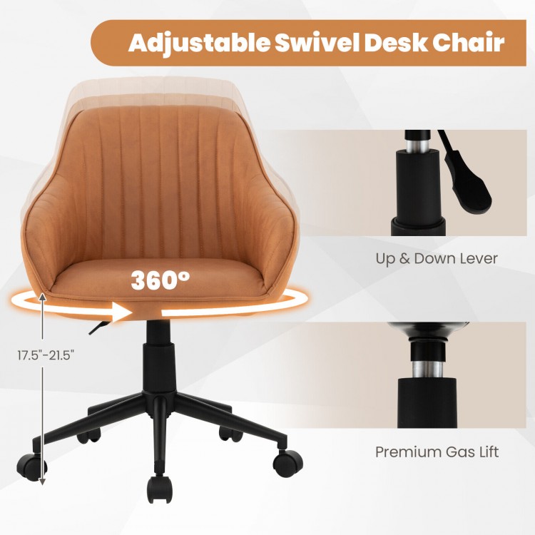 Adjustable swivel desk chair with curved backrest and armrests in brown, featuring a height range of 17.5"-21.5".