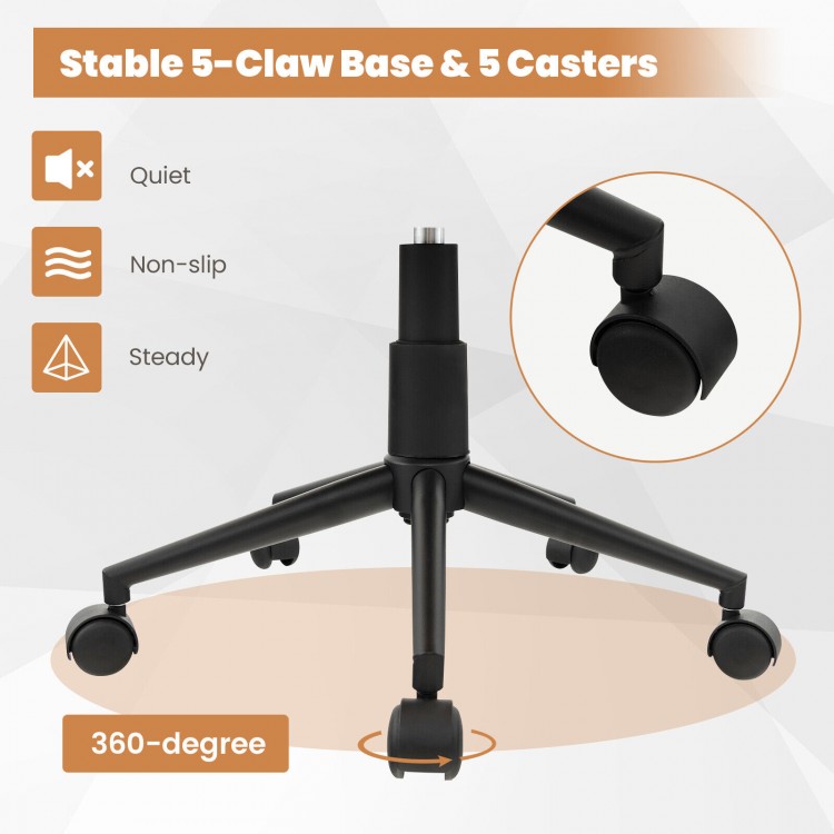 Modern home office chair with a stable 5-claw base and 360° smooth-rolling casters for easy movement and comfort.