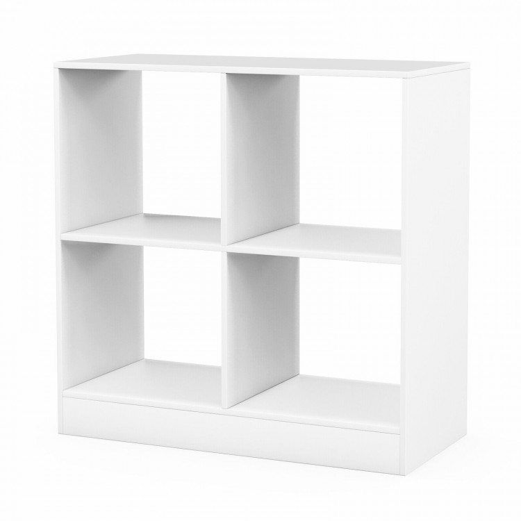 4-cube kids bookcase in white, featuring open shelves for toys and books, designed for stability and safety.