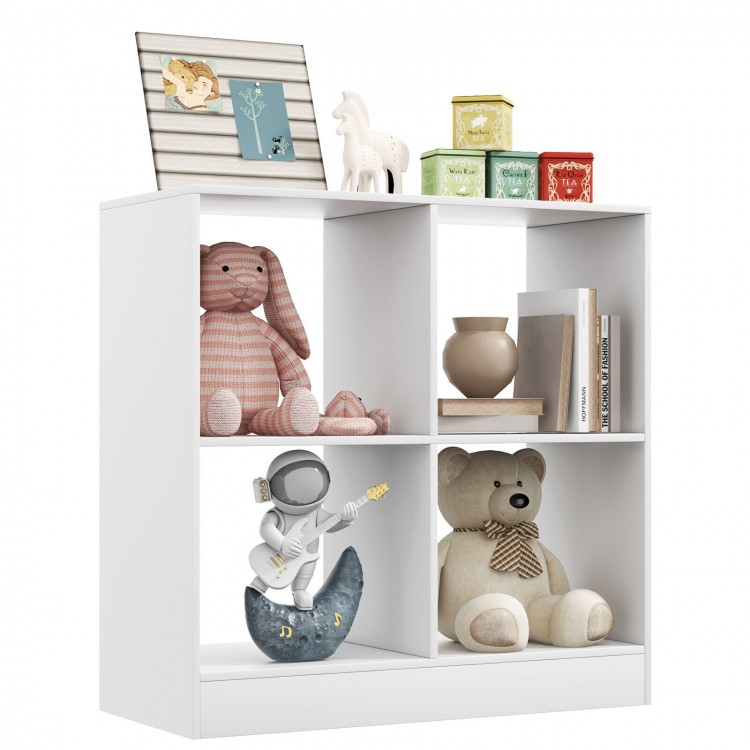 4-cube kids bookcase in white showcasing toys and books, ideal for organized storage in children's rooms.