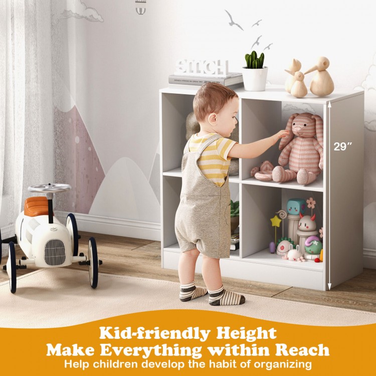 4-cube kids bookcase in white, featuring open shelves for toys and books, designed for kid-friendly organization.