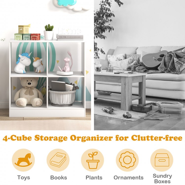 4-cube kids bookcase in white, ideal for organizing toys and books, featuring a sturdy design for safety and stability.