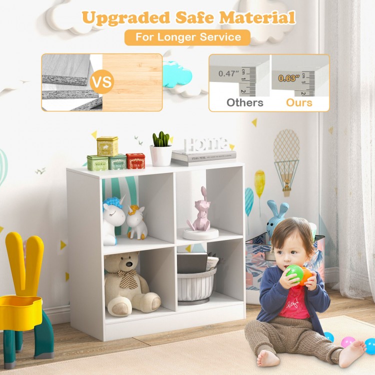 4-cube kids bookcase in white showcasing open shelves, ideal for toys and books, featuring safe materials and stability.