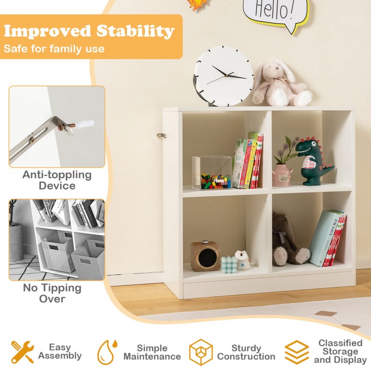 4-cube kids bookcase in white with open shelves, featuring anti-toppling device for safe storage of toys and books.