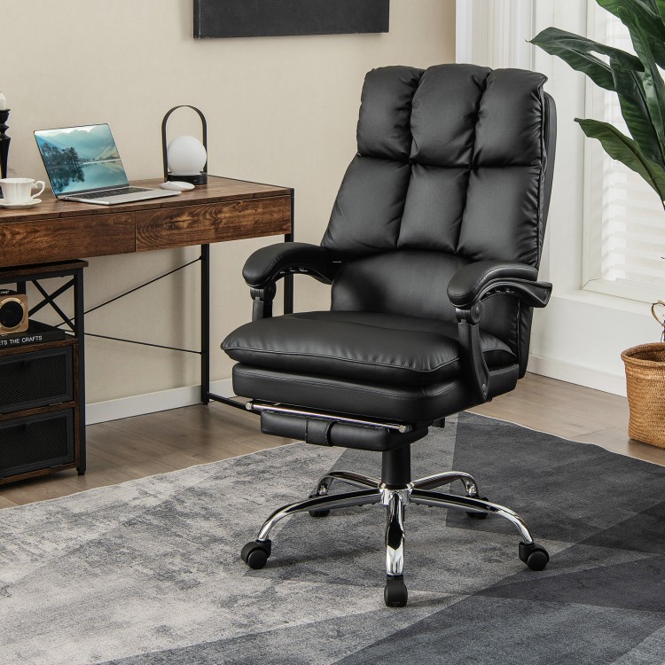 Ergonomic black office chair with adjustable height, retractable footrest, and fine leather upholstery for comfort.