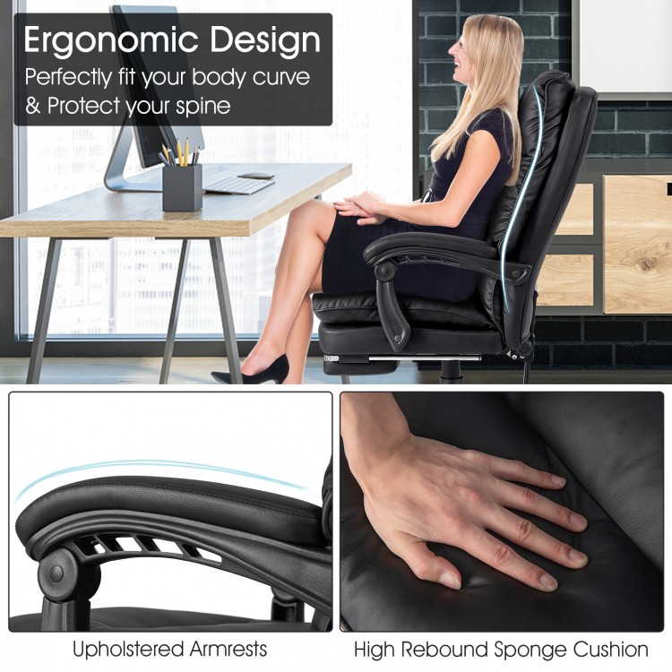 Ergonomic adjustable swivel office chair in black with retractable footrest and high rebound sponge cushion for comfort.