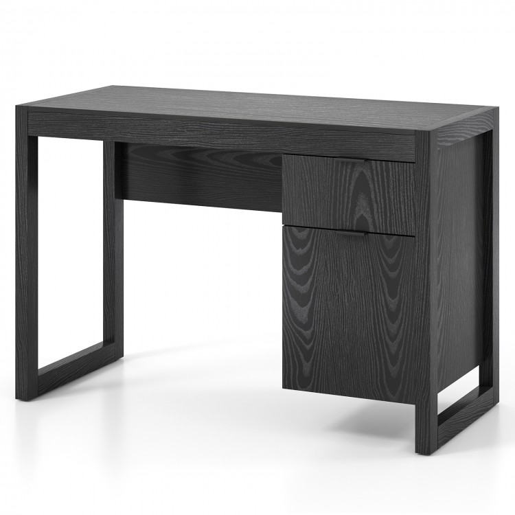 Modern black computer desk featuring a sturdy structure and elegant design, ideal for a stylish workspace or study area.