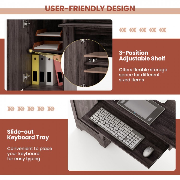 L-shaped office desk in dark brown with adjustable shelf and pull-out keyboard tray for versatile workspace.