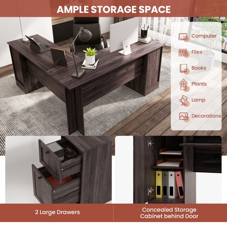 L-shaped office desk in dark brown with large drawers, keyboard tray, and concealed storage cabinet for versatile use.