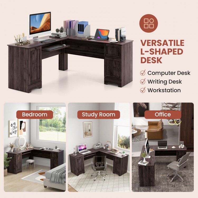 L-shaped office desk in dark brown with storage drawers and keyboard tray, perfect for home office or study use.