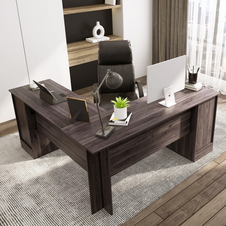 L-shaped office desk in dark brown with storage drawers and keyboard tray, perfect for corner spaces and organizing.
