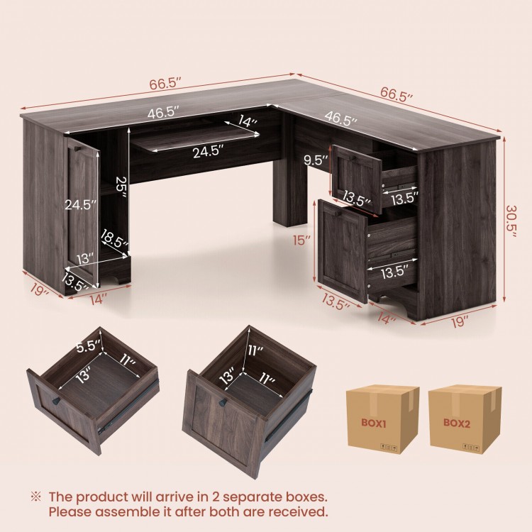 L-shaped office desk in dark brown with storage drawers and keyboard tray, perfect for corner spaces and versatile use.