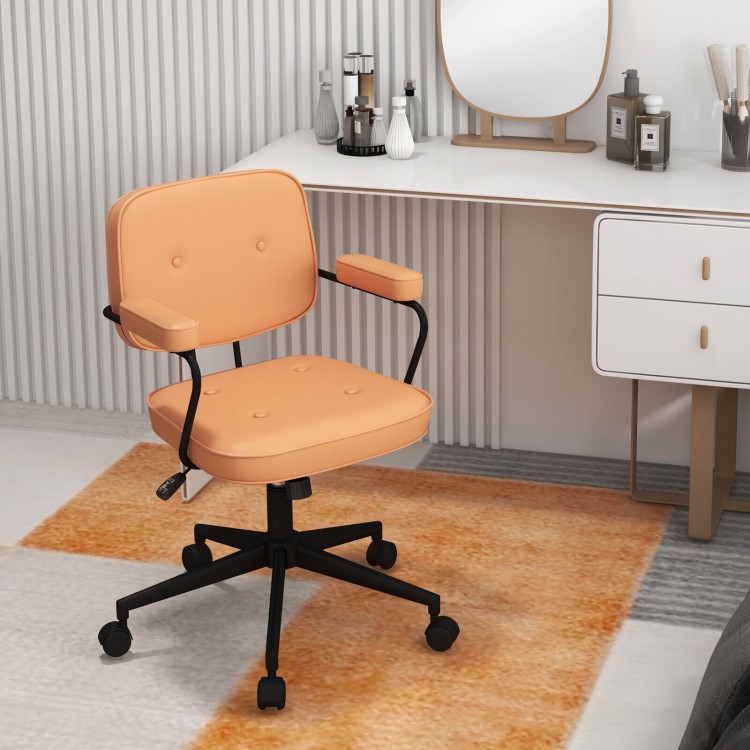 Orange PU leather office chair with ergonomic armrests, adjustable height, and rocking backrest for versatile workspace.
