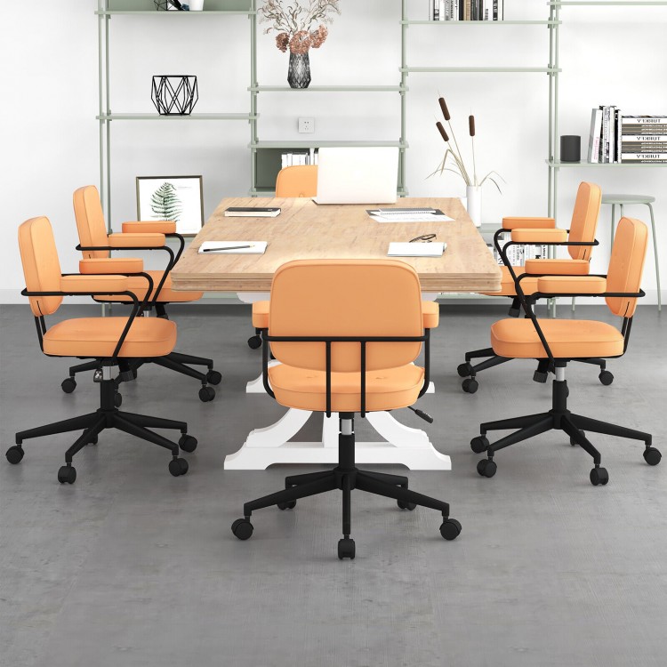 Orange PU leather office chair with ergonomic armrests and rocking backrest, perfect for stylish workspace seating.