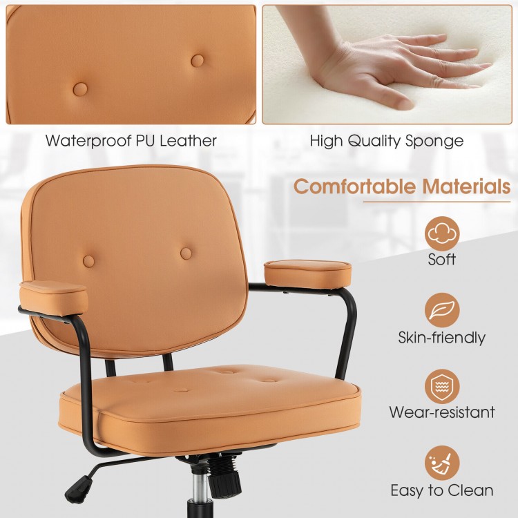 Orange PU leather office chair with adjustable rocking backrest and ergonomic armrests, perfect for workspace comfort.