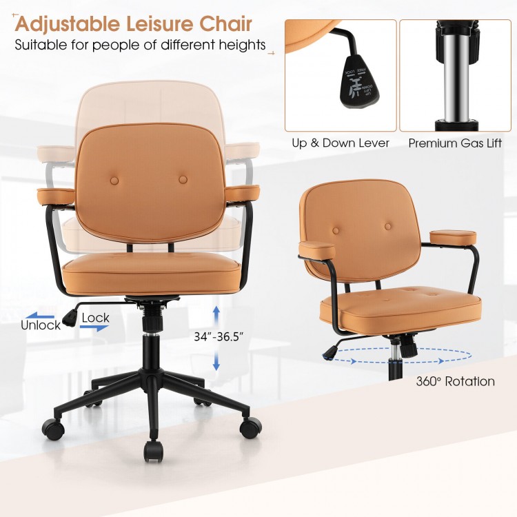 Adjustable PU leather office chair in orange with ergonomic armrests, rocking backrest, and 360° swivel for versatile.
