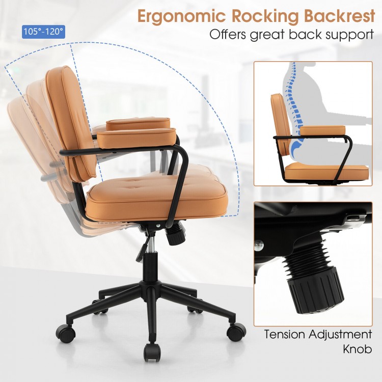 PU leather office chair with adjustable rocking backrest and ergonomic armrest in orange, perfect for office or study.