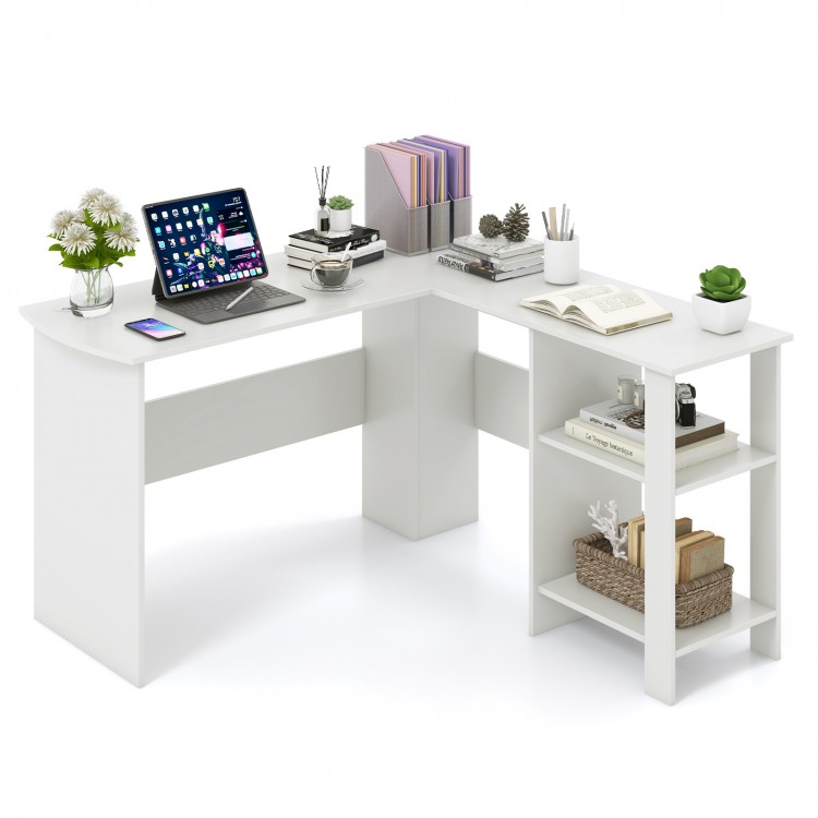 L-shaped white computer desk featuring two storage shelves and a spacious tabletop, perfect for corner office setup.
