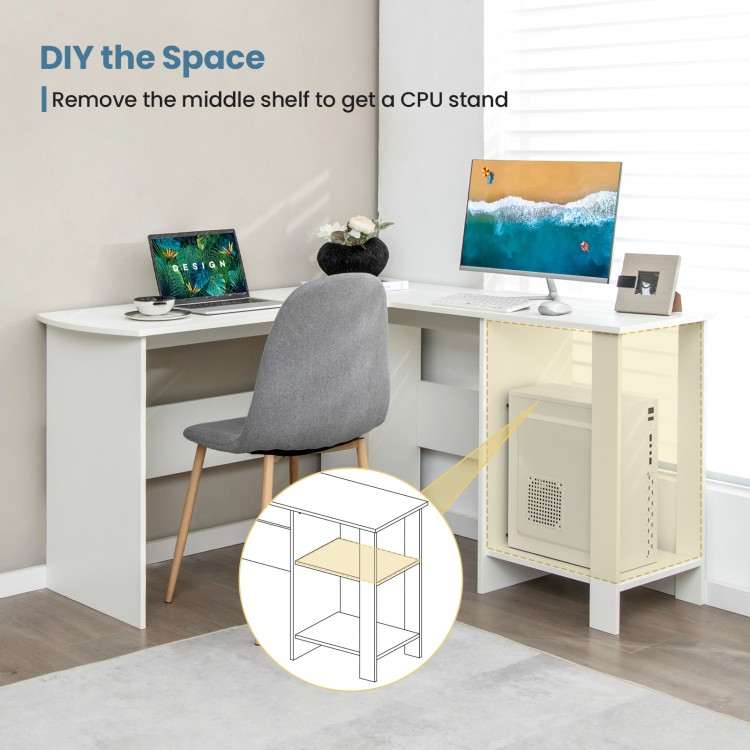 L-shaped white computer desk with side storage shelves, featuring cable holes for tidy wire management and a sturdy.