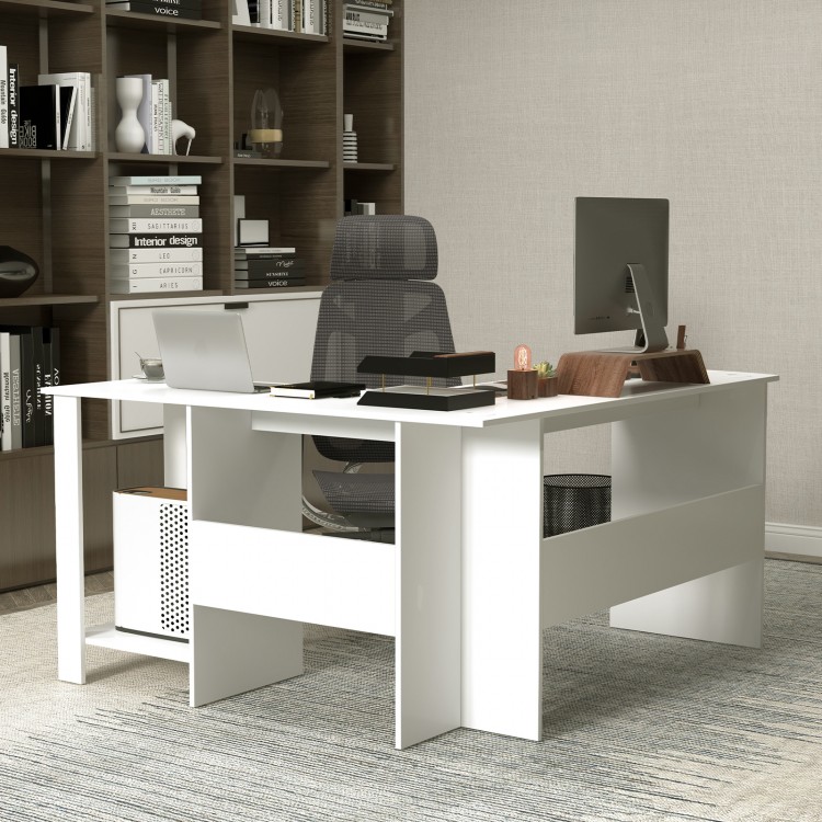 L-shaped white computer desk with large tabletop, side storage shelves, and cable holes for organized workspace.
