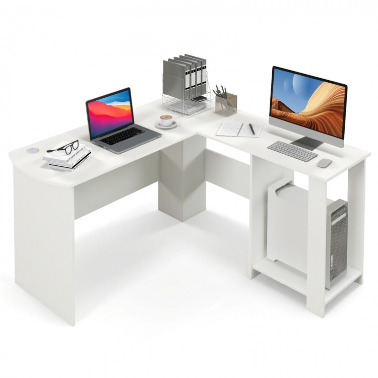 Large modern L-shaped computer desk in white with storage shelves and cable holes, ideal for corner workspace.