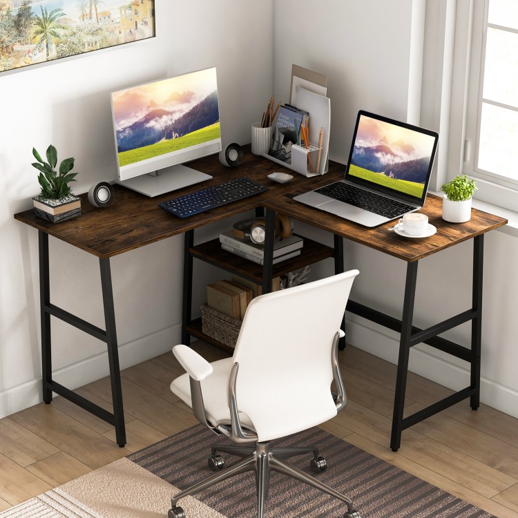 L-shaped corner computer desk in brown with storage shelves, sturdy metal frame, perfect for small workspaces.