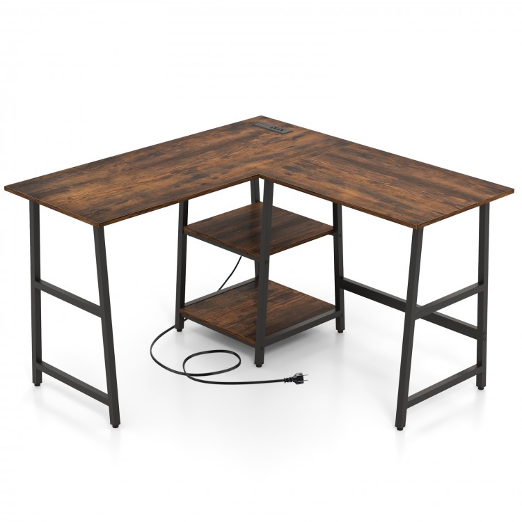 L-shaped corner computer desk in brown with storage shelves, sturdy metal frame, ideal for small spaces and efficient.