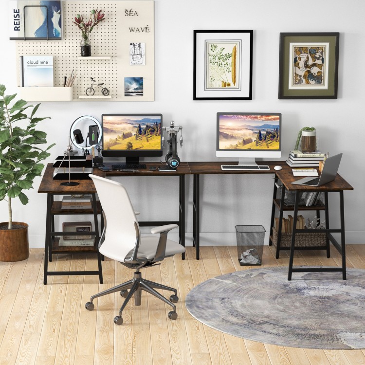 L-shaped corner computer desk in brown with storage shelves, sturdy metal frame, ideal for small spaces and home.