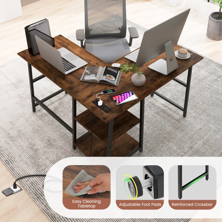 L-shaped corner computer desk in brown with storage shelves, sturdy metal frame, ideal for small spaces and easy.