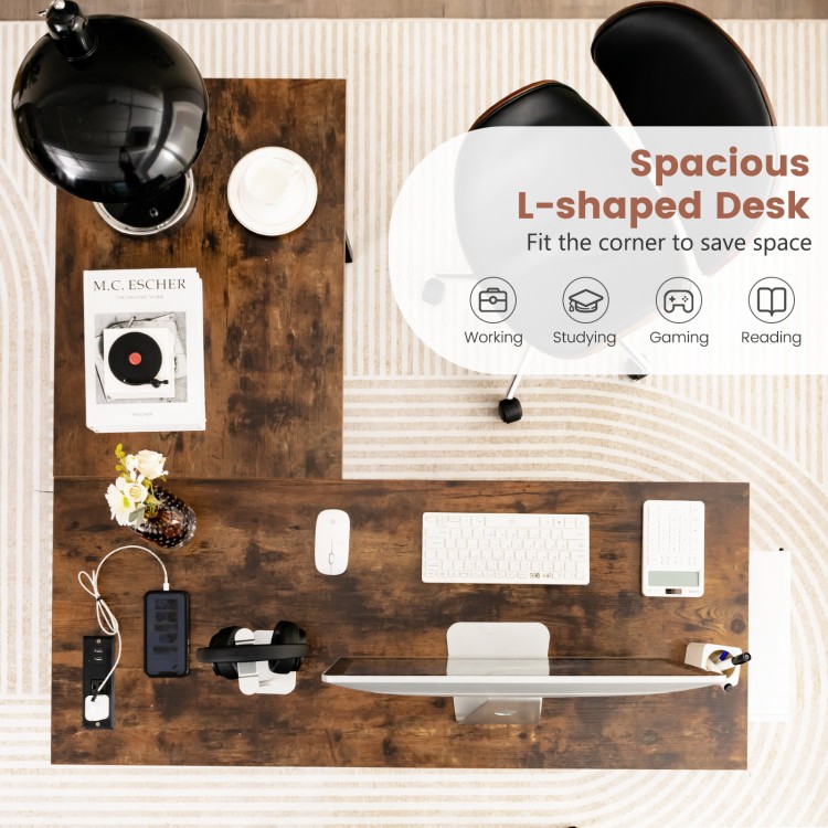 L-shaped corner computer desk in brown with large tabletop and detachable shelf, ideal for small spaces and efficient.
