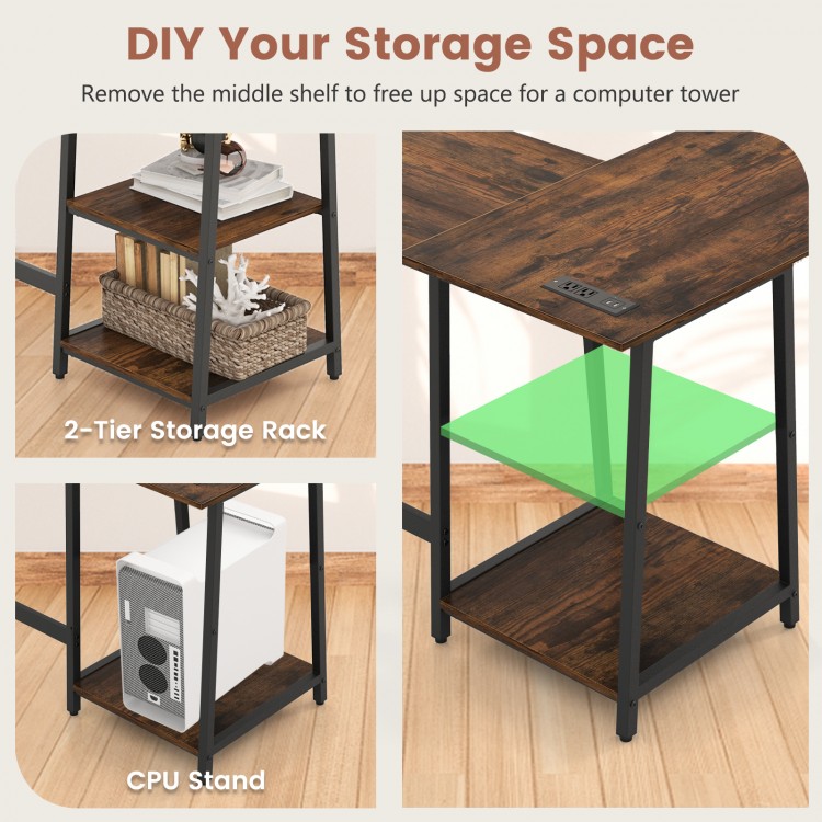 L-shaped corner computer desk in brown with detachable shelf, sturdy metal frame, ideal for small spaces and efficient.