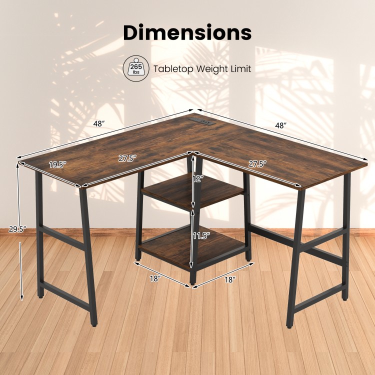 L-shaped corner computer desk in brown with detachable shelf, sturdy metal frame, ideal for small spaces.