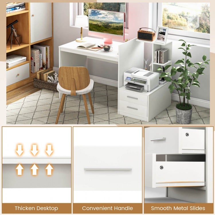 Computer desk with bookshelf and drawers in white, featuring a thick desktop and modern design for home office use.