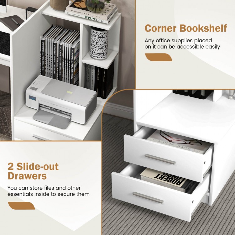 Corner bookshelf with 2 slide-out drawers for concealed storage, perfect for home office organization in white.