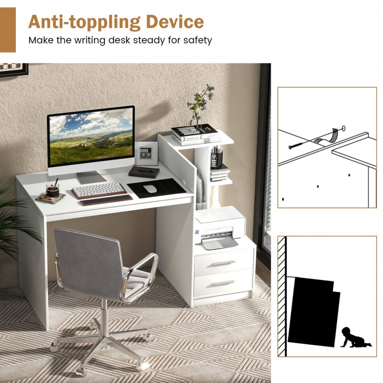 Computer desk with bookshelf and drawers in white, featuring an anti-toppling device for safety and stability in home.