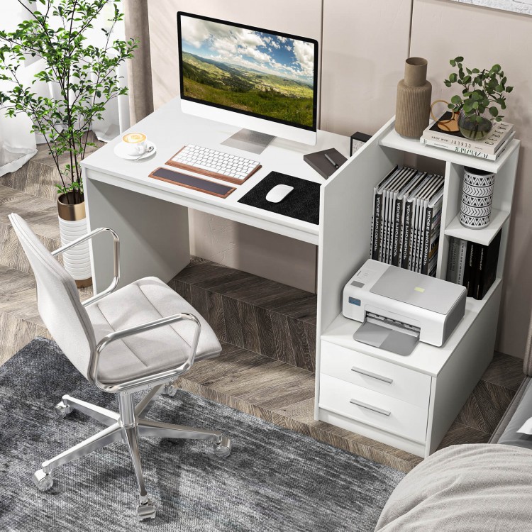 Computer desk in white with corner bookshelf, two drawers, and modern design, ideal for home office or study use.