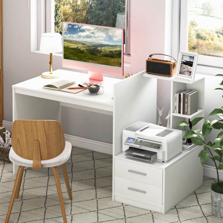 Side view of a white computer desk with a modern design, featuring a corner bookshelf and two drawers for organized.