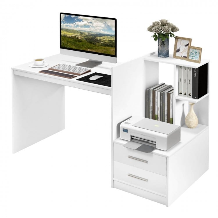 Computer desk with corner bookshelf and drawers in white, ideal for home office or study, featuring a wide desktop.