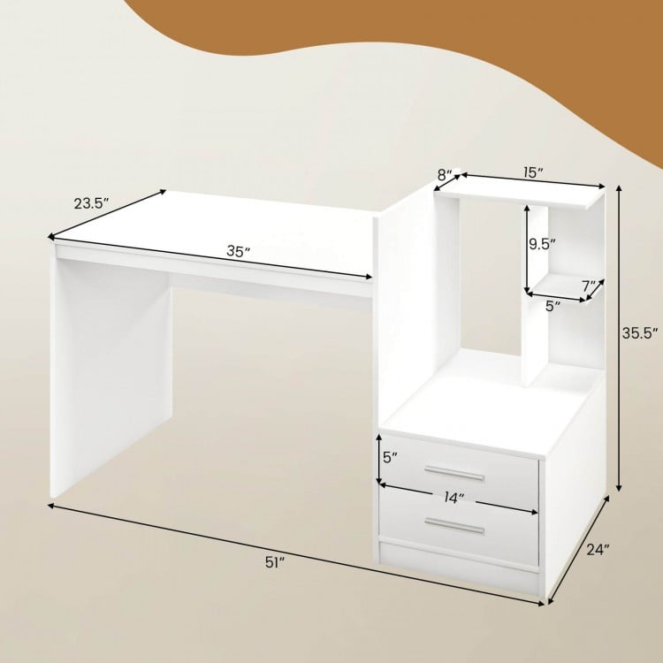 Computer desk with bookshelf and drawers in white, featuring a wide desktop and dimensions of 51" x 35" x 35.5".