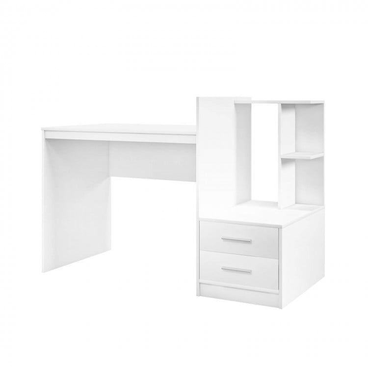 White computer desk with corner bookshelf and two drawers, ideal for home office or study use.